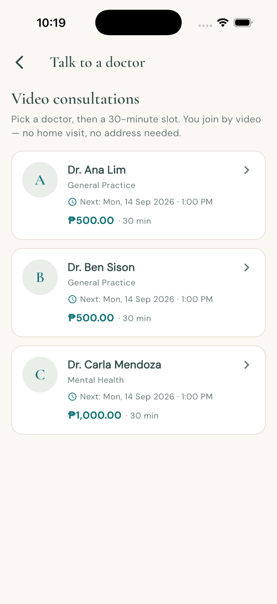 The app's doctors for a video consultation, each with their field, next open slot, fee and length.